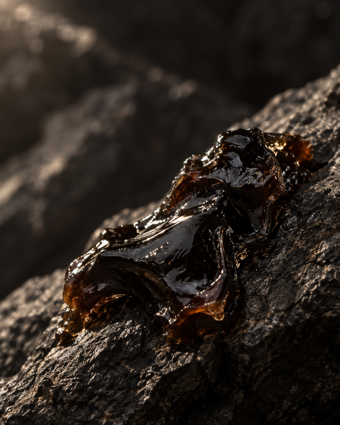 Resina oscura de Shilajit sobre roca