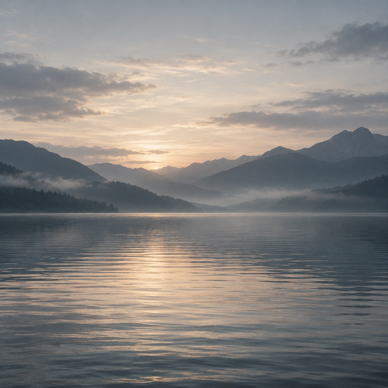 Un lago tranquilo rodeado de montañas