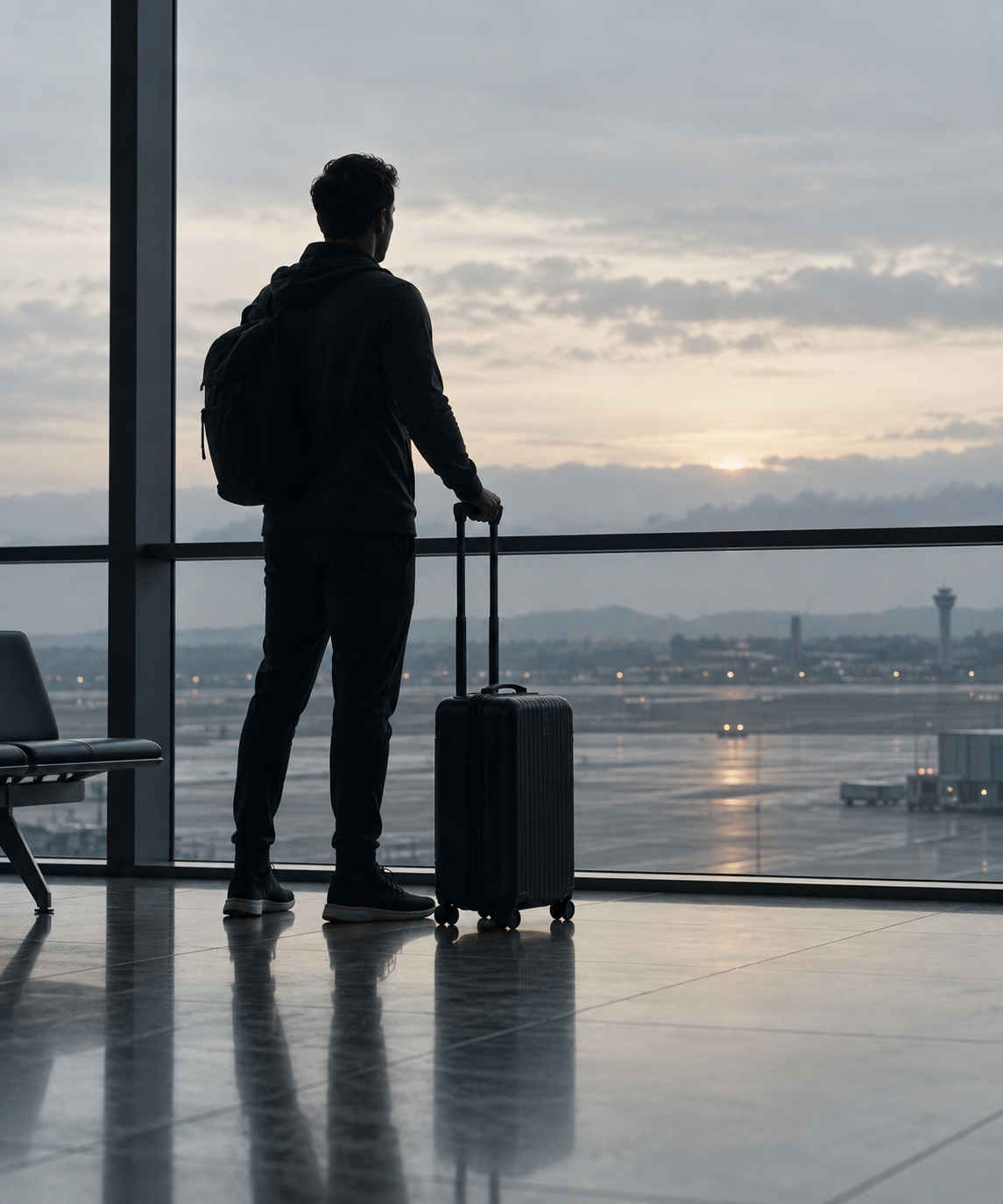 Viajero esperando en un aeropuerto con una maleta